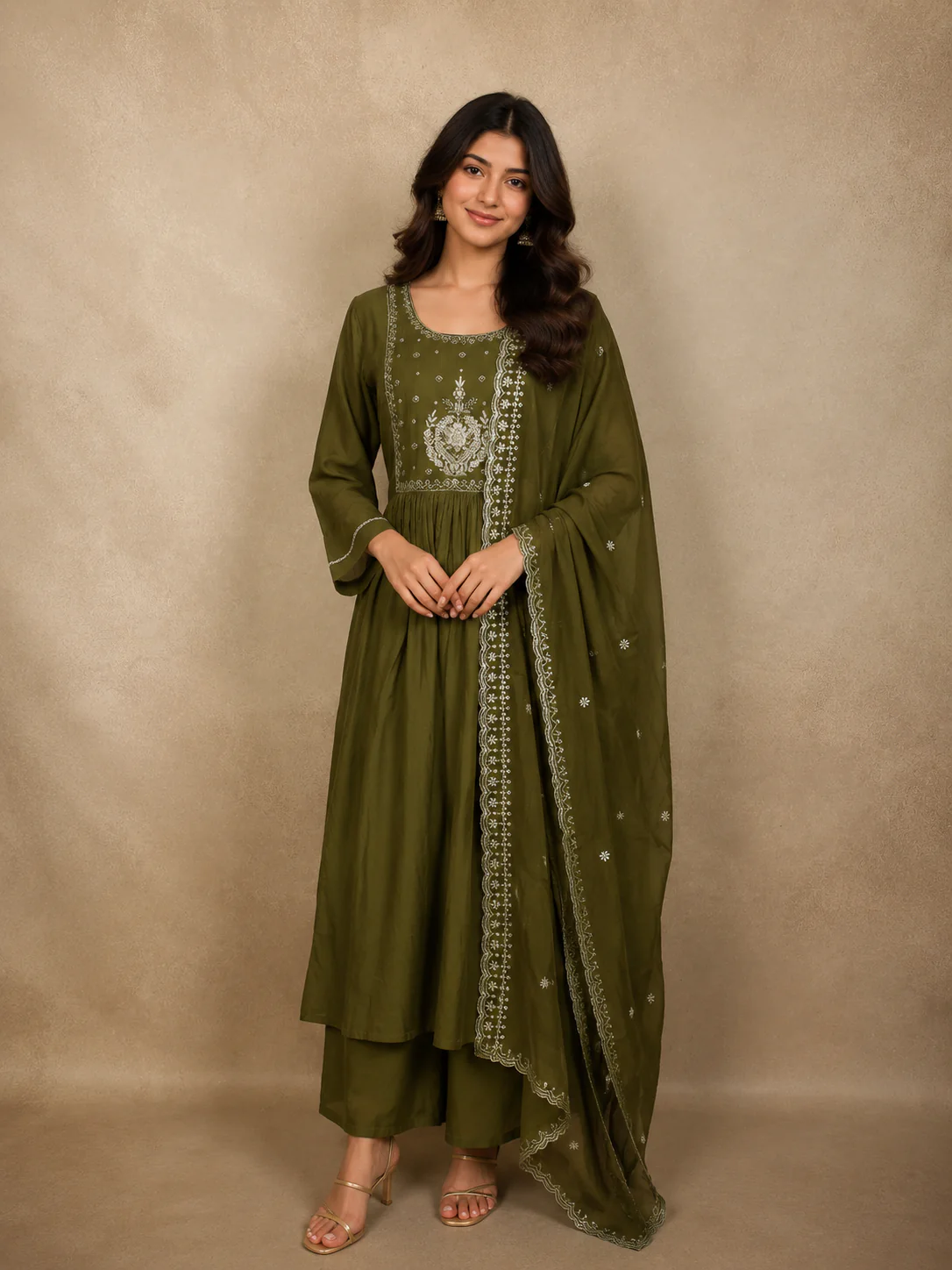 Olive Green Floral Embroidered Design Cotton Anarkali Salwar Suit